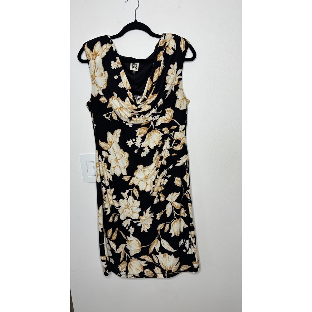 Anne Klein Floral Sheath Dress Size 10 Black Gold Cowl Neck Sleeveless